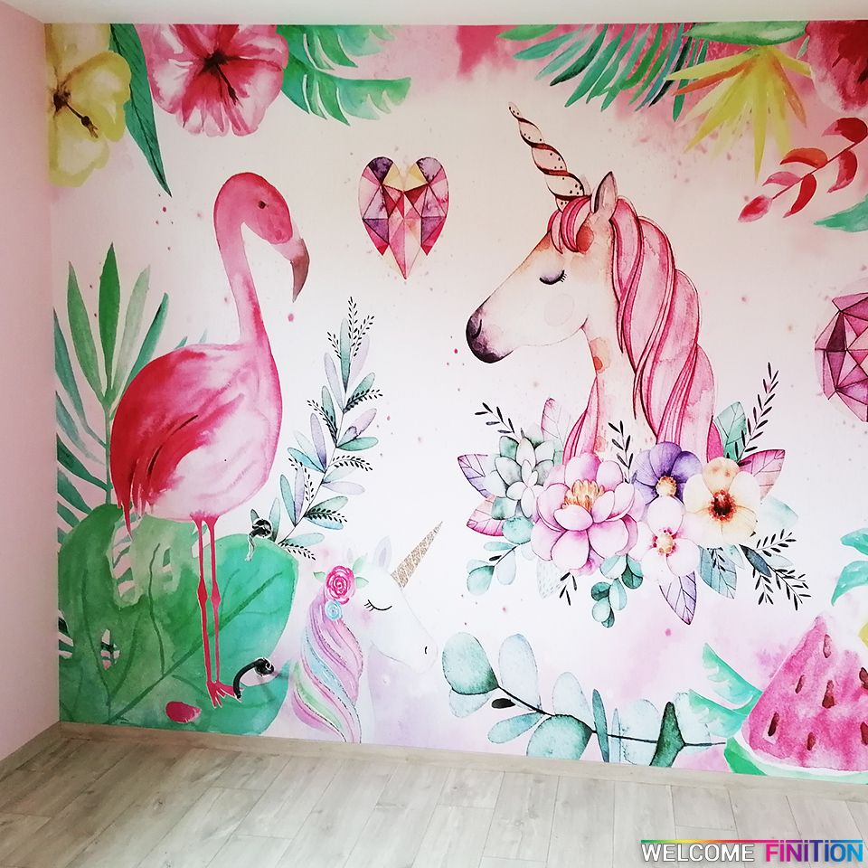 Fresque murale colorée peinte dans une chambre d'enfant, réalisation Welcome Finition